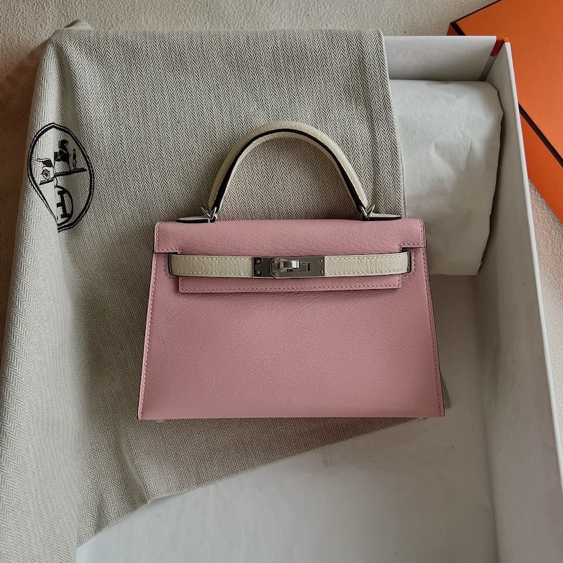HERMES ケリーミニ 2/ミニケリー 2 パーソナル ローズサクラ×ナタ シェブルミゾル シルバー金具 外縫い エルメスコピー hermes81001 ミニケリー2 定価 - 画像 (2)