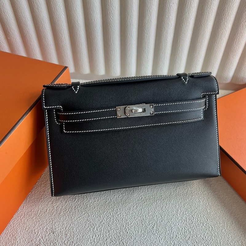 HERMES ポシェットケリー/ミニケリー ヴェルソ 黒 ブラック×ジョーヌアンブル スイフト シルバー金具 エルメスコピー hermes81007 ポシェットケリー 定価 - 画像 (9)