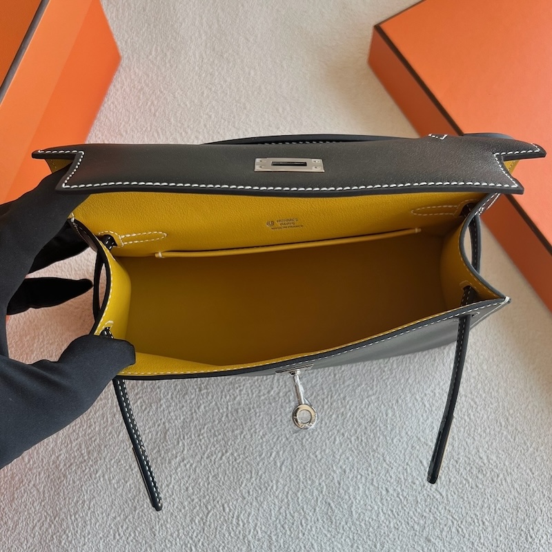 HERMES ポシェットケリー/ミニケリー ヴェルソ 黒 ブラック×ジョーヌアンブル スイフト シルバー金具 エルメスコピー hermes81007 ポシェットケリー 定価 - 画像 (4)