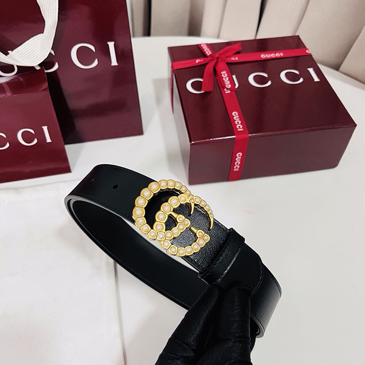 グッチ アウトレット店舗 GUCCI パール付き ダブルG ワイド ベルト ブラック ゴールド金具 453260 DLX1T 9094 グッチ ベルト アウトレット - 画像 (9)