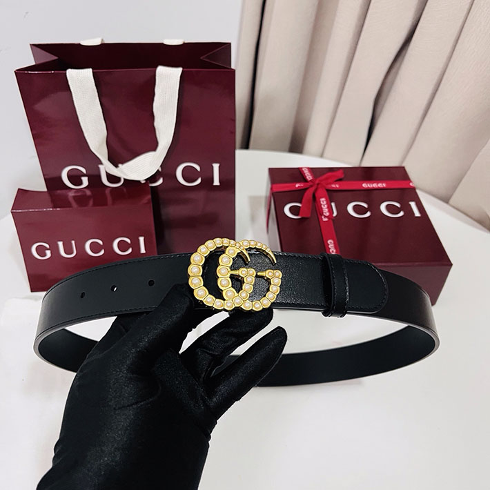 グッチ アウトレット店舗 GUCCI パール付き ダブルG ワイド ベルト ブラック ゴールド金具 453260 DLX1T 9094 グッチ ベルト アウトレット - 画像 (8)