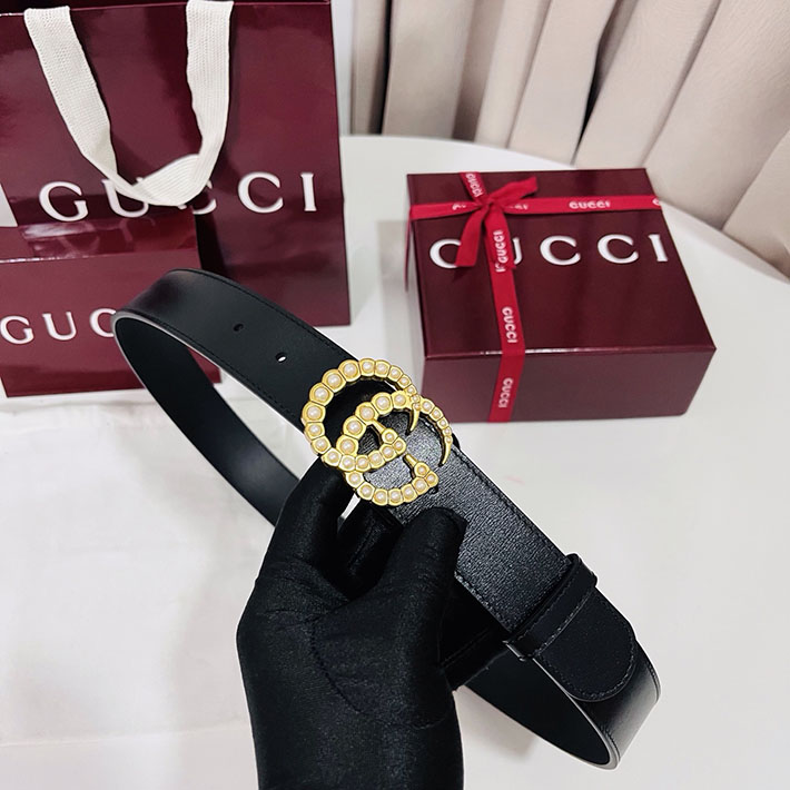 グッチ アウトレット店舗 GUCCI パール付き ダブルG ワイド ベルト ブラック ゴールド金具 453260 DLX1T 9094 グッチ ベルト アウトレット - 画像 (7)