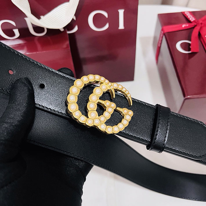 グッチ アウトレット店舗 GUCCI パール付き ダブルG ワイド ベルト ブラック ゴールド金具 453260 DLX1T 9094 グッチ ベルト アウトレット - 画像 (6)