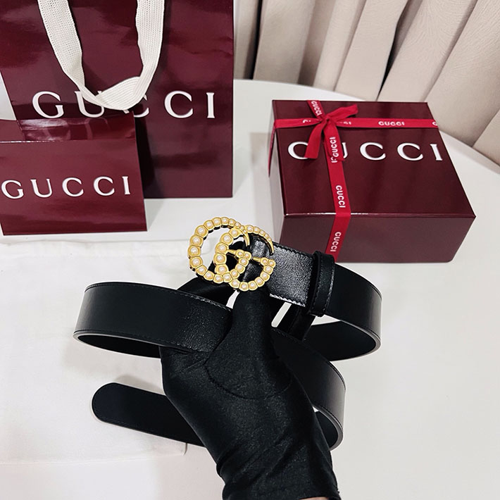 グッチ アウトレット店舗 GUCCI パール付き ダブルG ワイド ベルト ブラック ゴールド金具 453260 DLX1T 9094 グッチ ベルト アウトレット - 画像 (5)