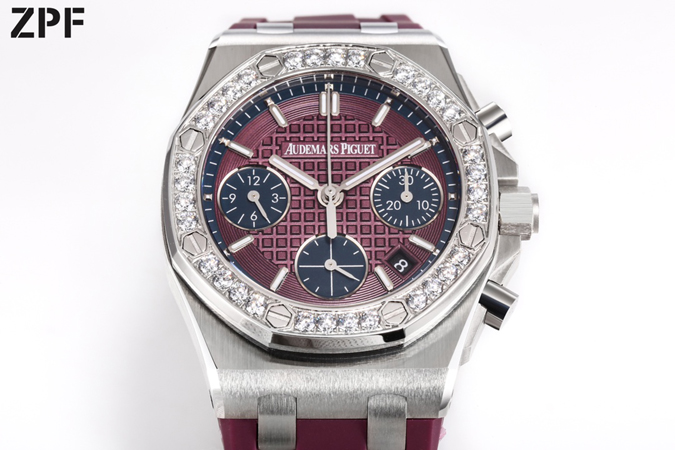 オーデマピゲスーパーコピー N級品通販オーデマ・ピゲ レプリカ 37mm ダイヤモンドベゼル バーガンディ ラバー オーデマピゲ時計レディース - 画像 (4)