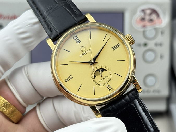 高級腕時計スーパーコピー オメガ OMEGA オメガ デ・ヴィル プレステージ 月相 ダイヤ ローマ数字 イエローゴールド レザー 自動巻き オメガ 時計 安い - 画像 (2)