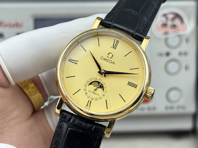 高級腕時計スーパーコピー オメガ OMEGA オメガ デ・ヴィル プレステージ 月相 ダイヤ ローマ数字 イエローゴールド レザー 自動巻き オメガ 時計 安い - 画像 (3)