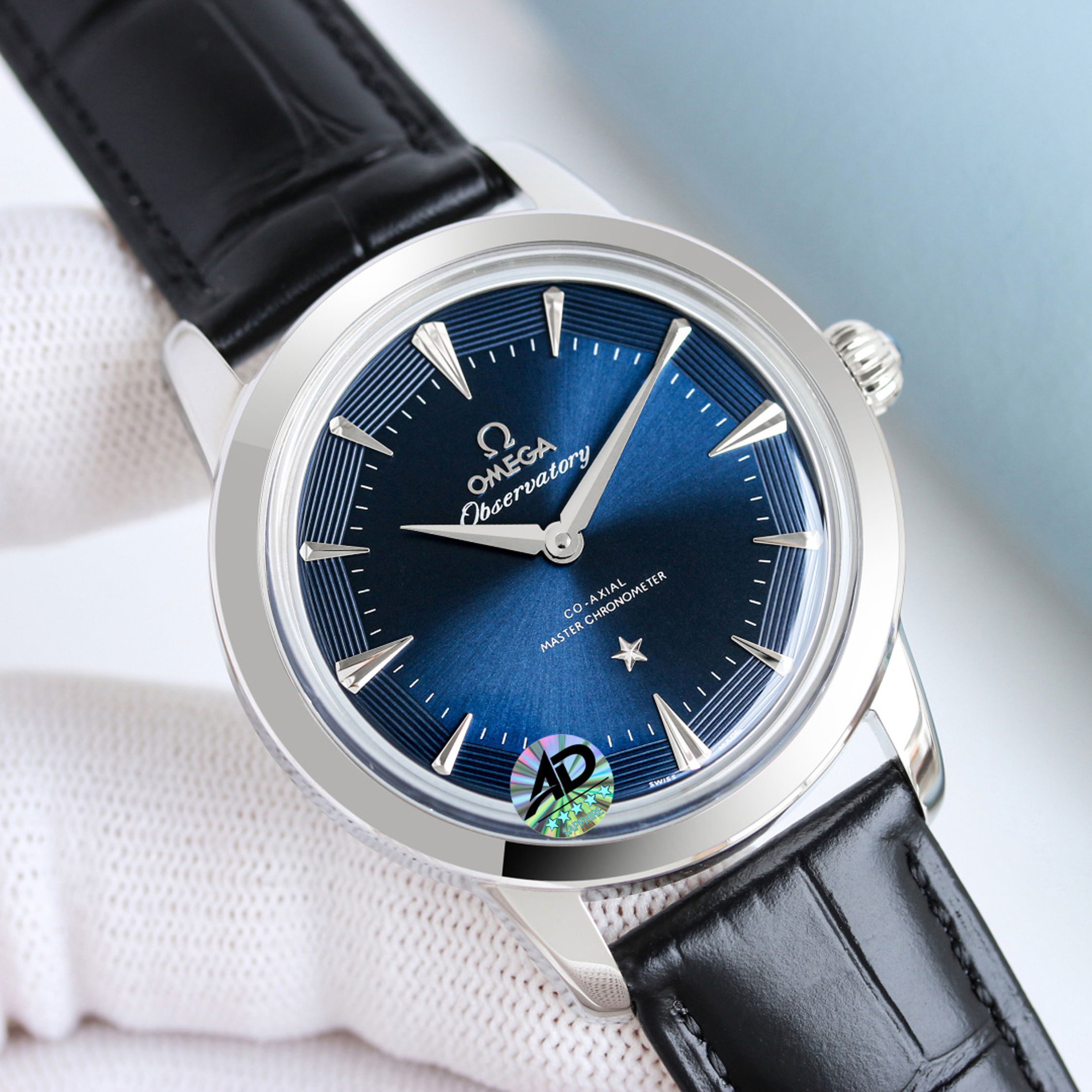高級腕時計スーパーコピー オメガ OMEGAオメガ グローブマスター 39mm ブルー ピーパン シルバー針 ブラックレザー 100m 防水 時計 メンズ ブランド時計 コピー - 画像 (2)