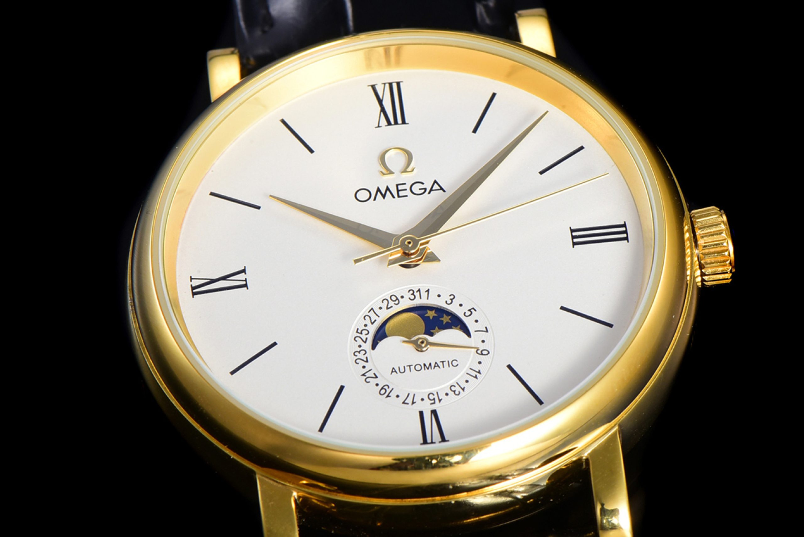 高級腕時計スーパーコピー オメガ OMEGA オメガ イエローゴールド シルバー ブラックレザー パワーリザーブ 日付 時計 メンズ オメガスーパーコピー腕時計 金無垢 - 画像 (3)